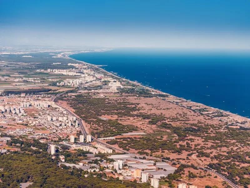 Lara District in Antalya, Turkey - coastline, urban infrastructure, and transport