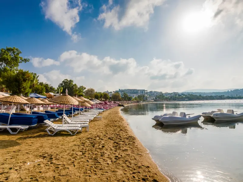 Gumbet Beach in Bodrum, Turkey - a sandy bay by the city promenade