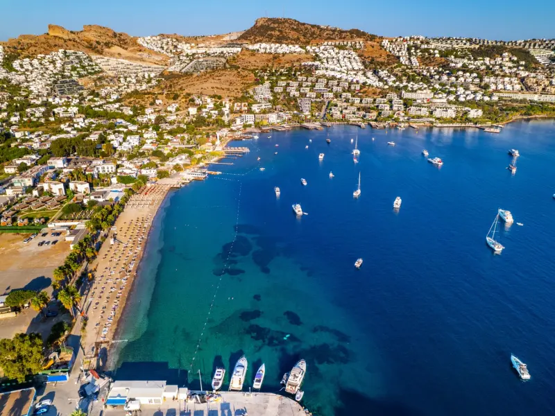 Gundogan Beach in Bodrum, Turkey with a promenade and bay