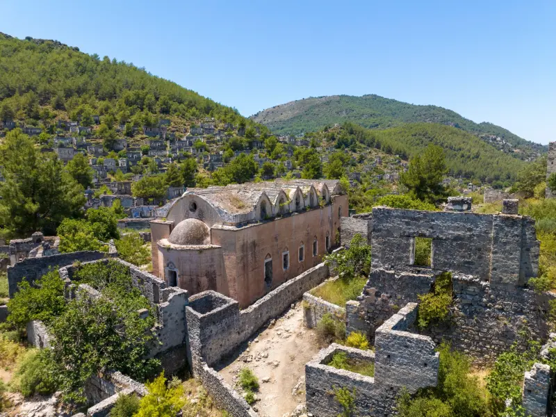 Kayakoy Village in Fethiye, Turkey: an abandoned settlement on a hillside