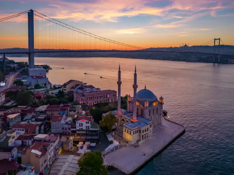 Ortakoy District in Istanbul, Turkey - waterfront and mosque