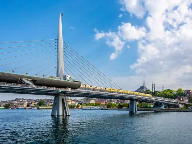 Golden Horn Bridge in Istanbul, Turkey - metro and bay views