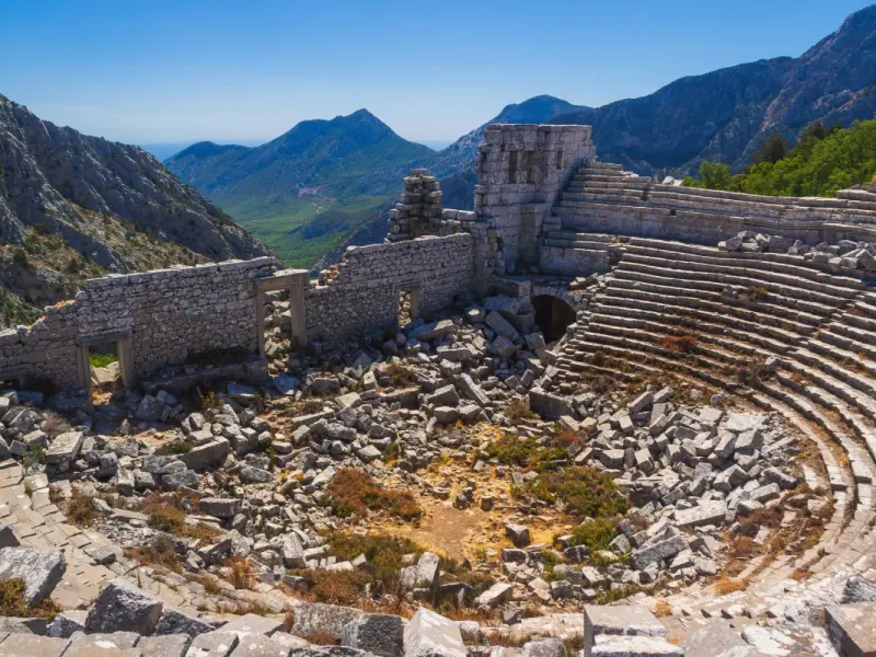 Ancient City of Termessos in Antalya, Turkey - mountain ruins and theater